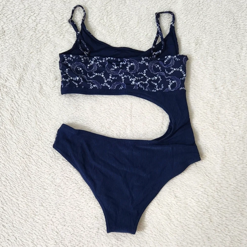 New!Frankie's‎ Bikinis Blue Thea Ribbed One-piece Swimsuit